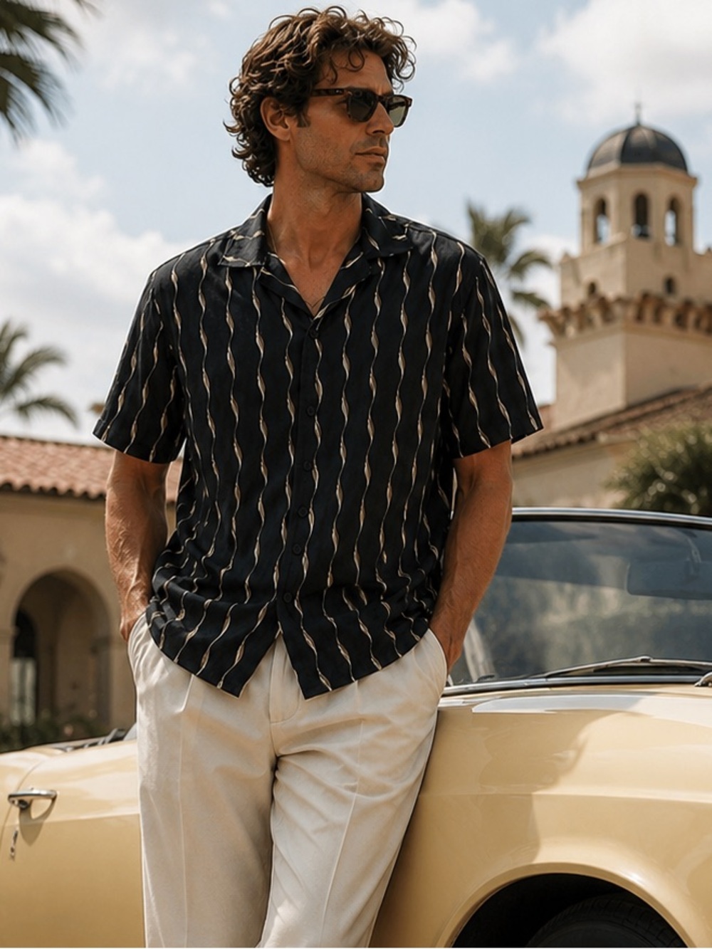 Alfani Black Wavy Stripe Button Front Shirt Large 100% Cotton vacation resort